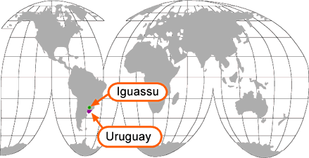 World map showing Iguassu Falls and Uruguay