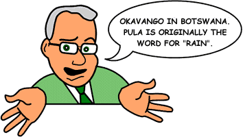 Answer:'Okavango in Botswana. &nbsp;Pula is  originally the word for rain.'